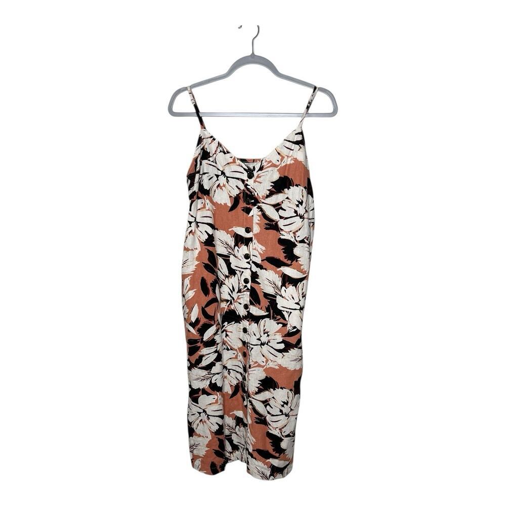 Forever 21 Linen Blend Midi Dress Womens Medium Pink Brown Floral Button Up‎